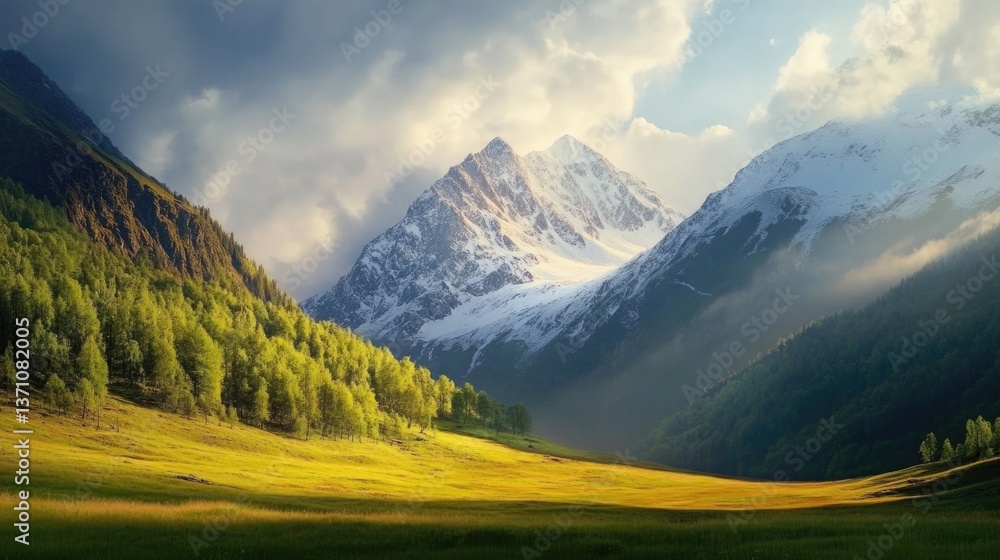 Obraz premium A serene landscape featuring a lush green field and a majestic mountain in the background, perfect for use in travel or nature-related projects