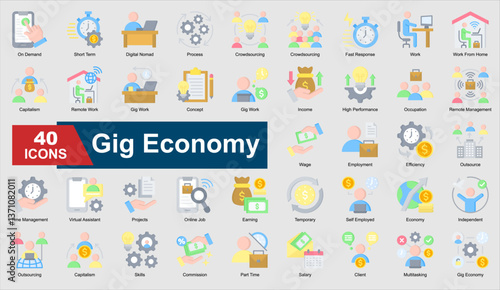 A set of Flat Gig Economy icons. Includes remote work, outsourcing, efficiency, time management, and more. Perfect for illustration and design.