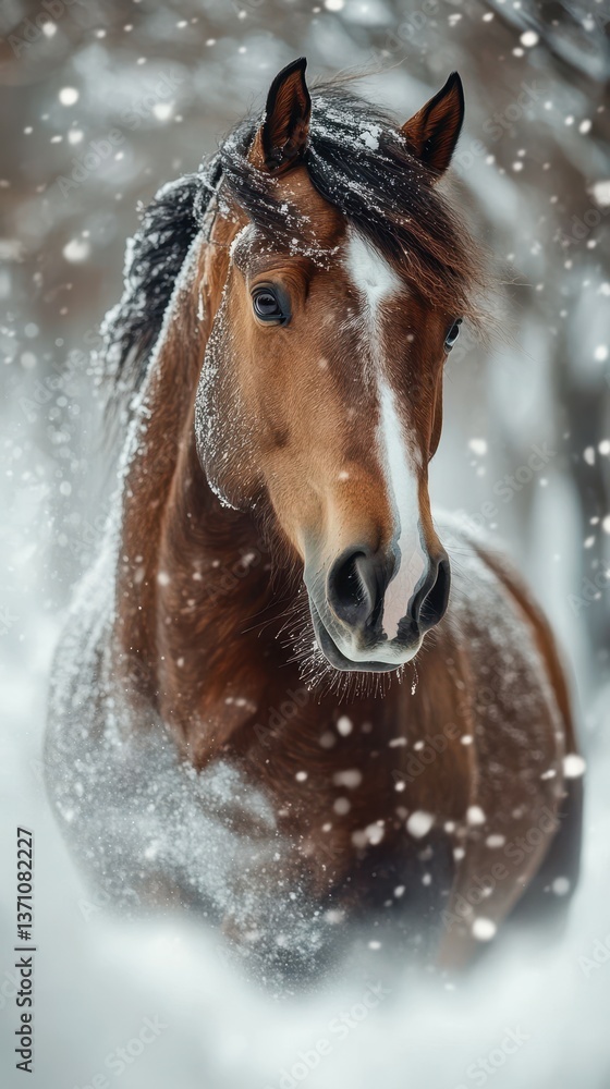 Obraz premium Horse stands majestically in a snowy forest, showcasing its beauty in winter wonderland