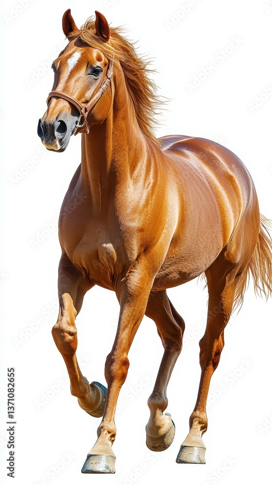 Naklejka premium Running chestnut horse in a bright, open space during daylight