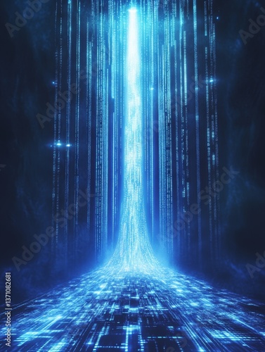 Digital blue light streams like a waterfall.