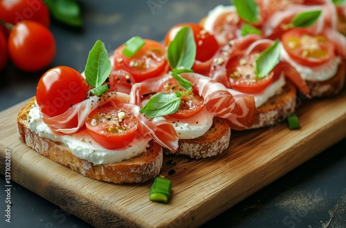 Delicious Open-Faced Sandwiches Topped With Fresh Tomatoes and Cured Meat on ...