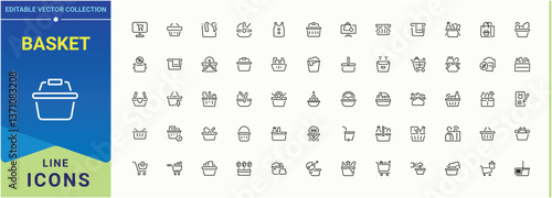 Basket icon collection. Included cart, sale, store, purchase, commerce, shopping, buy and more. Thin outline icons pack. Bag simple icon. Editable stroke. Vector illustration.