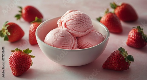 Delicious Pink Strawberry Ice Cream Served in a Bowl Surrounded by Fresh Stra...