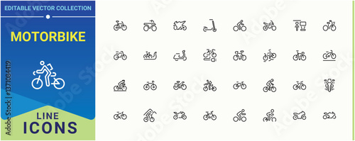 Motorbike related icon set. Pack of sport, vehicle, transport, motor, transportation, ride and more. Bike icon set in linear style. Modern icons collection. Editable stroke.