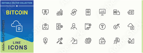 Bitcoin icon set. Included finance, trade, currency, wallet, economy and more. Web icons pack. Bit modern icon. Editable vector. Pixel perfect.