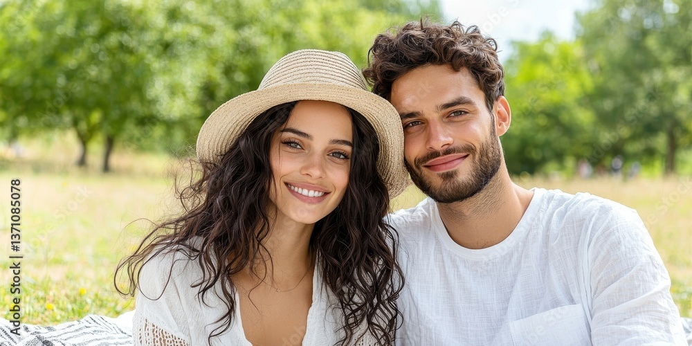 Naklejka premium Joyful couple enjoying a sunny picnic in nature outdoor lifestyle relaxed atmosphere candid shot happiness