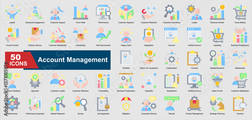 A collection set of flat style Account Management icons. Includes customer retention, negotiation, portfolio, sales funnel, collaboration, and more. Perfect for illustration and design.
