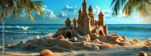 Sandcastle on a Beach With Shells and Palm Leaves Under a Sunny Sky