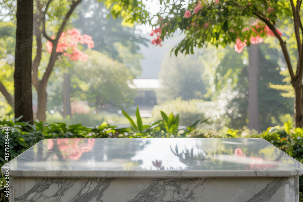 Fototapeta premium Elegant minimalist white marble pedestal in landscaped garden with flowering trees and distant view