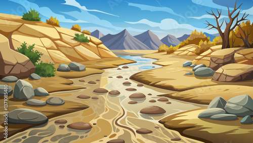 dry riverbed with smooth stones and cracked earth desert landscape, Highly detailed vector illustration