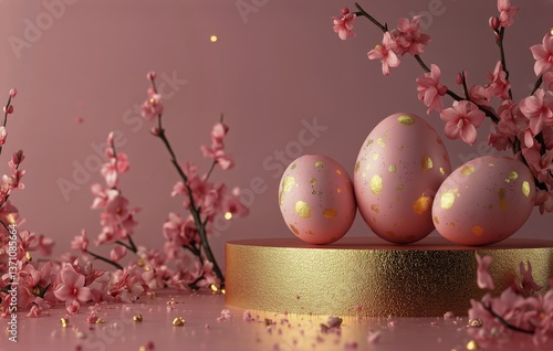 Colorful Easter Eggs With Blossoms Arranged on a Display Backdrop