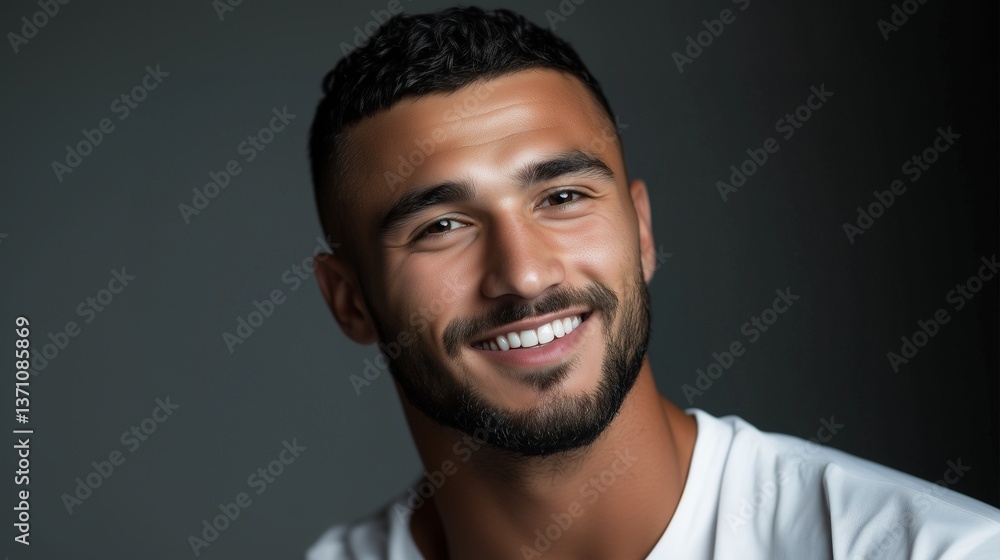 Fototapeta premium Smiling man with short curly hair and beard in a studio portrait