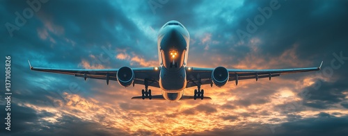 Airplane Flying During Sunset With Dramatic Clouds in the Sky