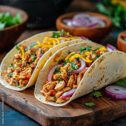 Delicious Grilled Chicken Tacos Served on a Wooden Board With Fresh Toppings