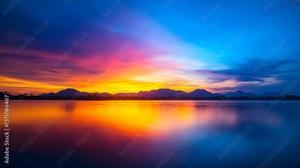 Fototapeta premium Colorful Sunset Over City Lake