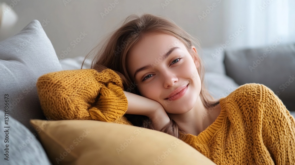 Smiling young woman relaxing on comfortable sofa at home Smiling young woman relaxing on comfortable sofa at home