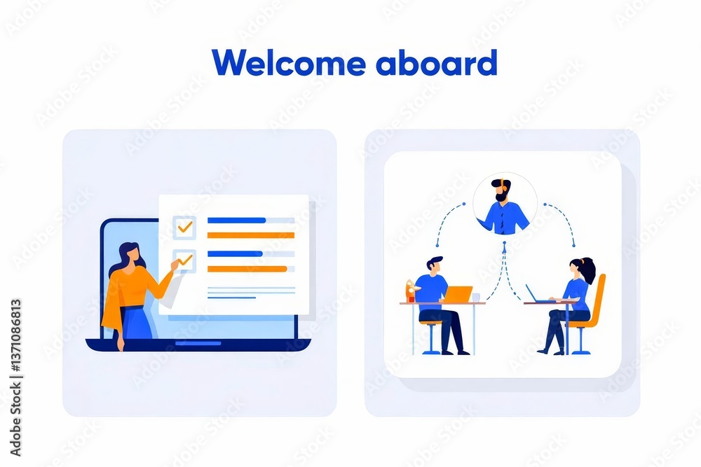 Onboarding process and Workplace Relationships are shown with the text Welcome aboard. Onboarding process and Workplace Relationships are shown with the text Welcome aboard.