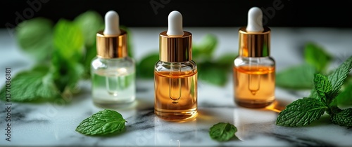 Essential Oils and Mint Leaves Arranged on a Marble Countertop in Natural Light