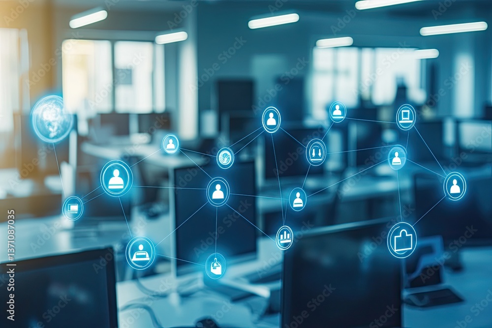 A double exposure image featuring a hologram of a social network and a world map against a blurred modern office backdrop A double exposure image featuring a hologram of a social network and a world map against a blurred modern office backdrop