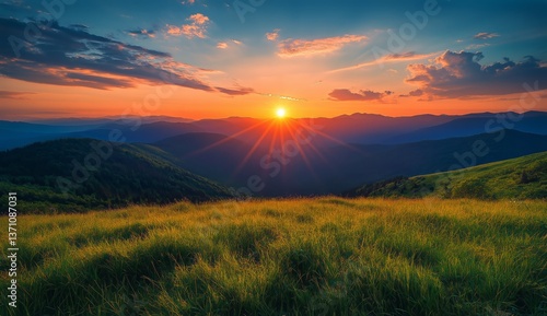 Vibrant Sunset Over Rolling Hills and Green Meadows During Golden Hour in the...