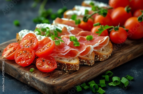 Delicious Open-Faced Sandwiches Topped With Fresh Tomatoes and Cured Meat on ...