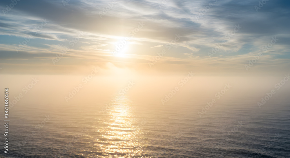 Obraz premium Serene seascape with sunlit water, soft mist, and atmospheric sky