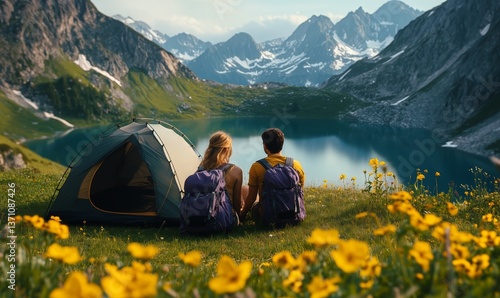 Couple Enjoying Peaceful Moment by Lake With Mountains in Background During S...