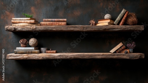 A cozy display of rustic wooden shelves holding vintage books and decorative objects, creating a warm and inviting atmosphere perfect for reading or relaxation spaces.