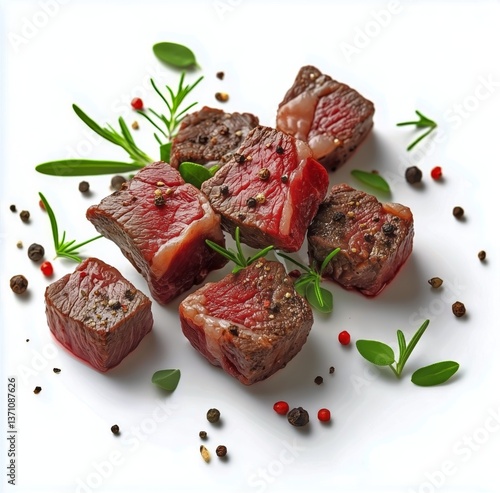 Juicy Meat Cubes Garnished With Herbs and Spices Ready for Delicious Recipes
