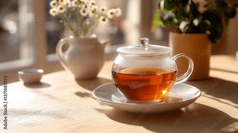 Fototapeta premium morning cup of hot tea with chamomile flowers on wooden table