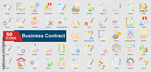 A collection of flat Business Contract icons. Includes agreement, negotiation, legal, invoice, franchise, and more. Perfect for illustrations and designs.