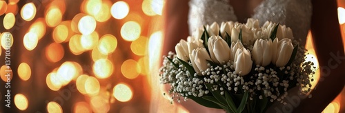 Beautiful Bouquet of White Tulips Held by a Bride at Sunset Near Glowing Lights