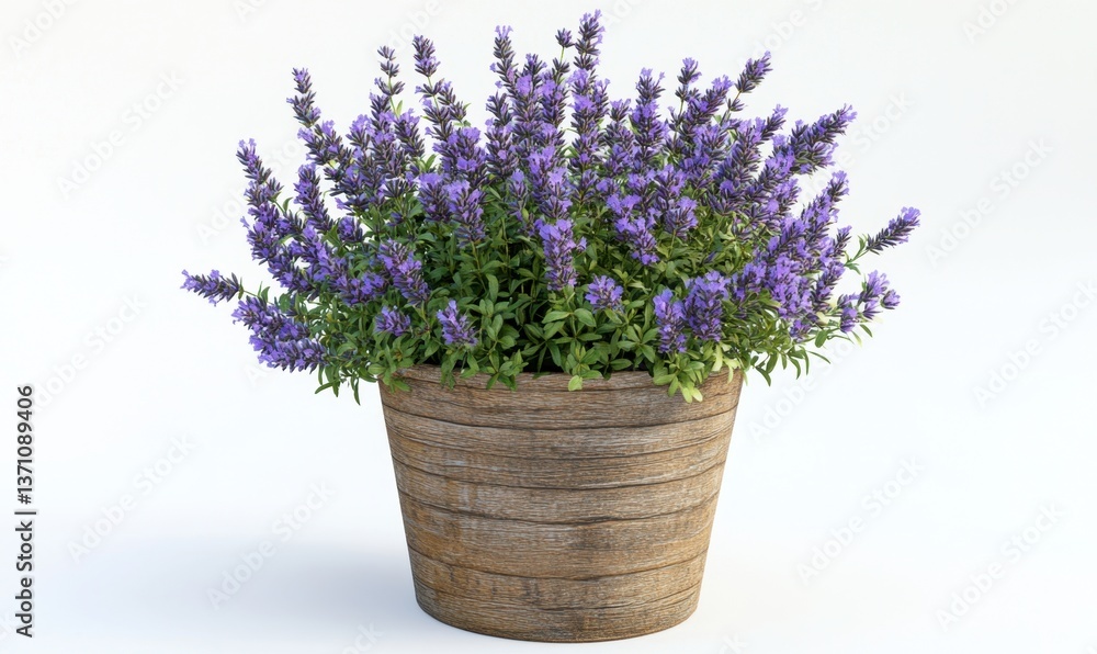 Fototapeta premium Lavender plant in rustic pot on white background for aromatherapy