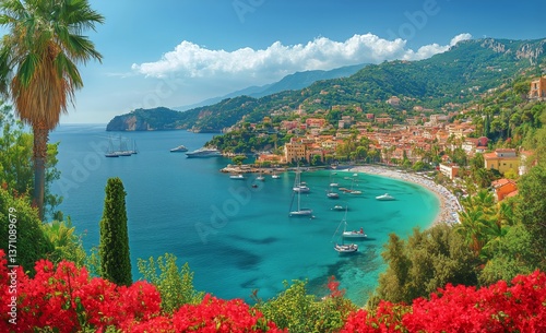 Scenic Coastal View Showcasing Yachts, Vibrant Flowers, and Lush Hills on a S...