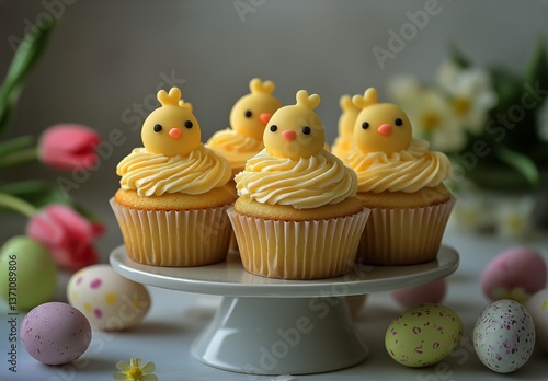 Cute Yellow Chick Cupcakes on a Stand With Colorful Eggs and Flowers in a Spr...