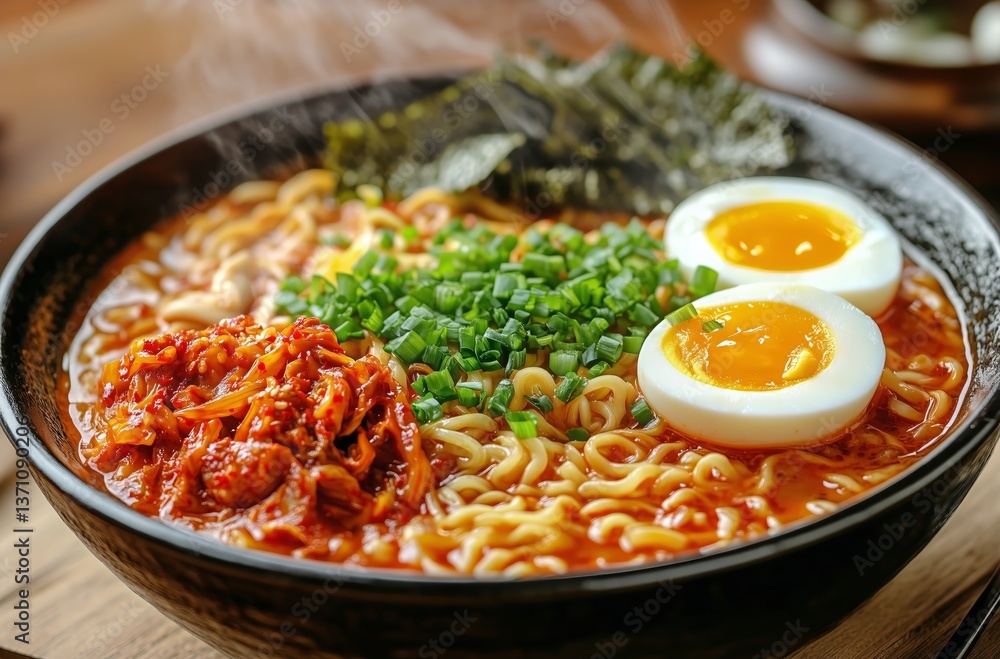 Delicious Bowl of Ramen Topped With Soft Boiled Eggs and Green Onions Served in a Cozy Restaurant Setting Delicious Bowl of Ramen Topped With Soft Boiled Eggs and Green Onions Served in a Cozy Restaurant Setting
