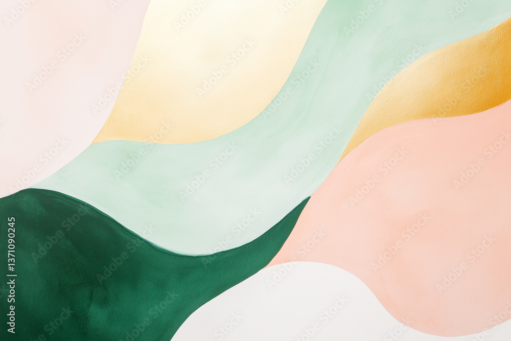 Abstract pastel and gold flowing shapes in soft modern minimal background with elegant wavy forms and green accents Abstract pastel and gold flowing shapes in soft modern minimal background with elegant wavy forms and green accents