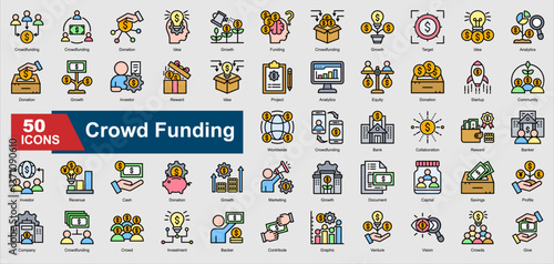 Crowd Funding Icon Collection Set. Donation, Funding, Investor, Revenue, Capital, Savings, cash icon. Lineal Style Vector Ilustration