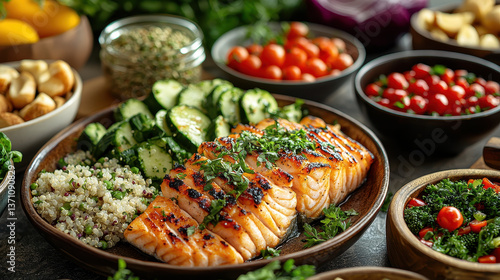 Delicious GLP-1-approved meal spread featuring grilled fish, quinoa salad, and vibrant vegetables in a sunlit kitchen