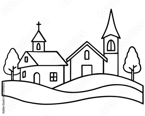 Village with church. Continuous one line art drawing style. Landscape of small country. Black linear sketch isolated on white background. Vector illustration.