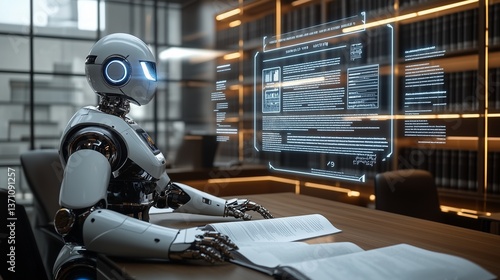 A high-tech legal office with a robot assistant projecting floating holograms of legal documents, contract analysis, and case data