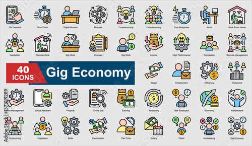 A set of Lineal Gig Economy icons. Includes remote work, outsourcing, efficiency, time management, and more. Perfect for illustration and design.