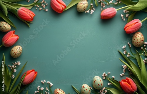 Colorful Easter Eggs and Tulips Arranged on a Teal Background for Spring Cele...