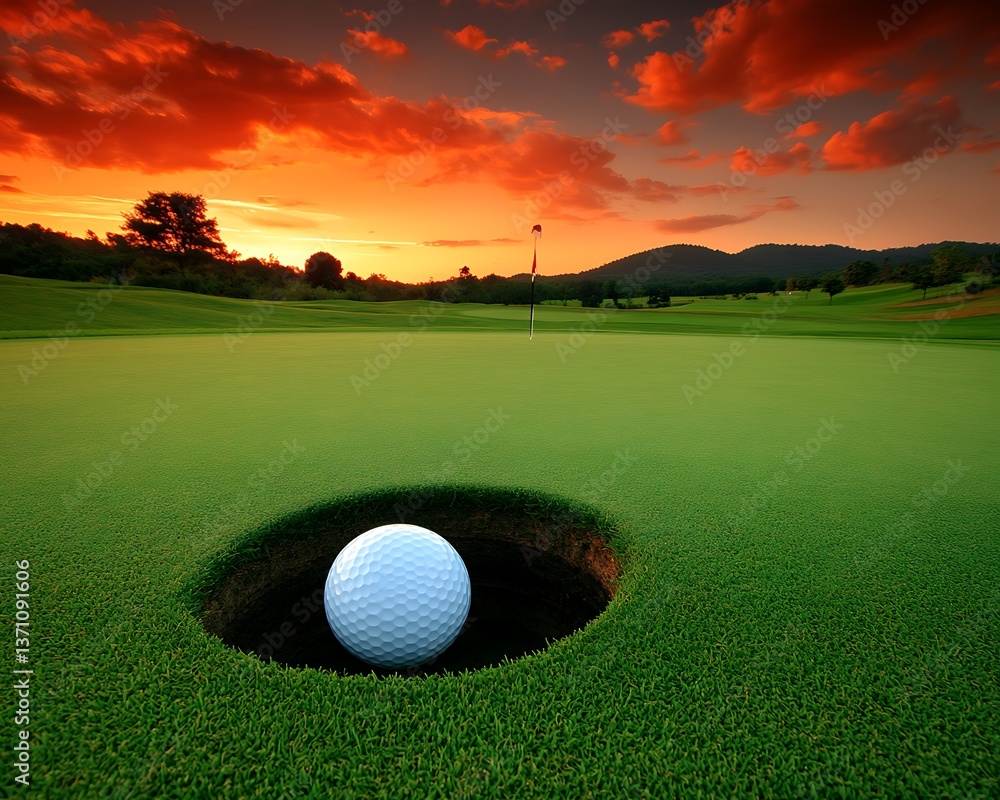Fototapeta premium Golf ball sinking sunset putt.