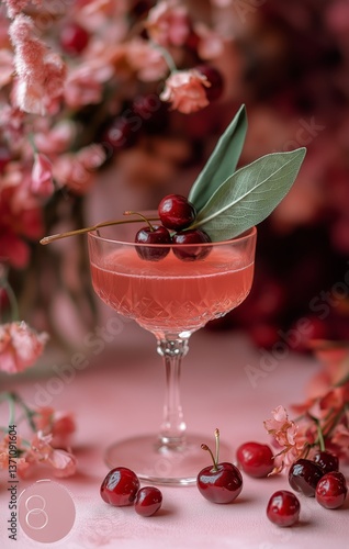 Cherry Cocktail With Fresh Herbs and Floral Backdrop During a Spring Gathering