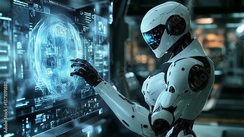 A humanoid robot analyzing a holographic interface in a futuristic research facility, with dynamic digital projections