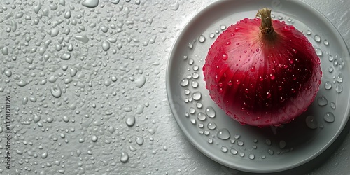 Fresh Red Onion With Water Droplets Resting on a Plate in Bright Lighting