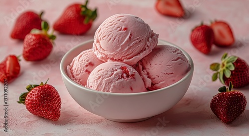 Delicious Pink Strawberry Ice Cream Served in a Bowl Surrounded by Fresh Stra...