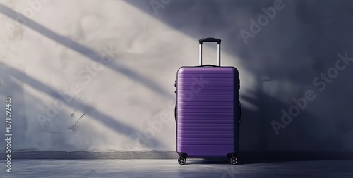 Stylish Purple Luggage Resting on a Concrete Surface With Soft Lighting